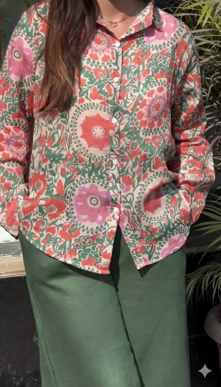 Floral Print Cotton Shirt Style Top With Pent