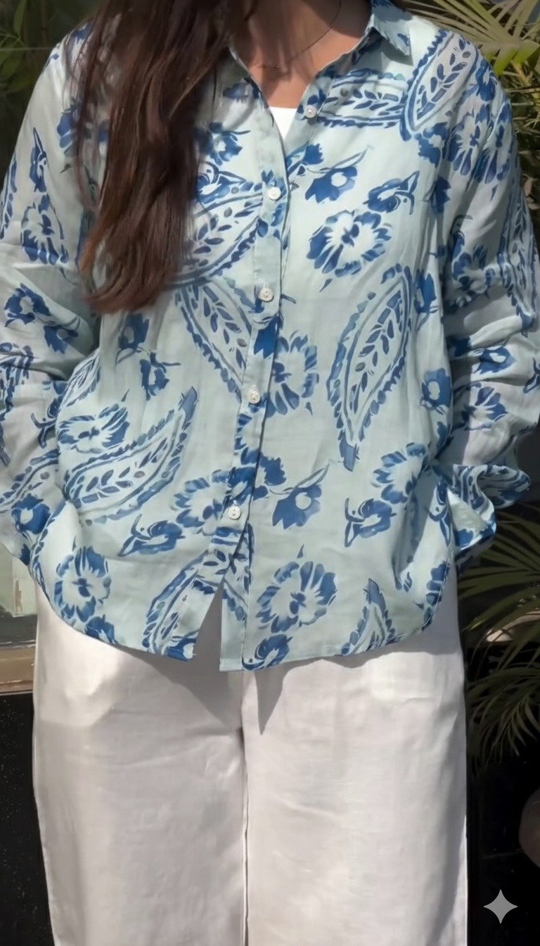 Floral Print Cotton Shirt Style Top With Pent - Image 3