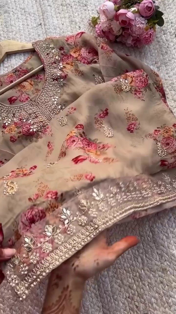 brown colour Premium Kundan Organza Embroidered Suit Set for women - Image 4