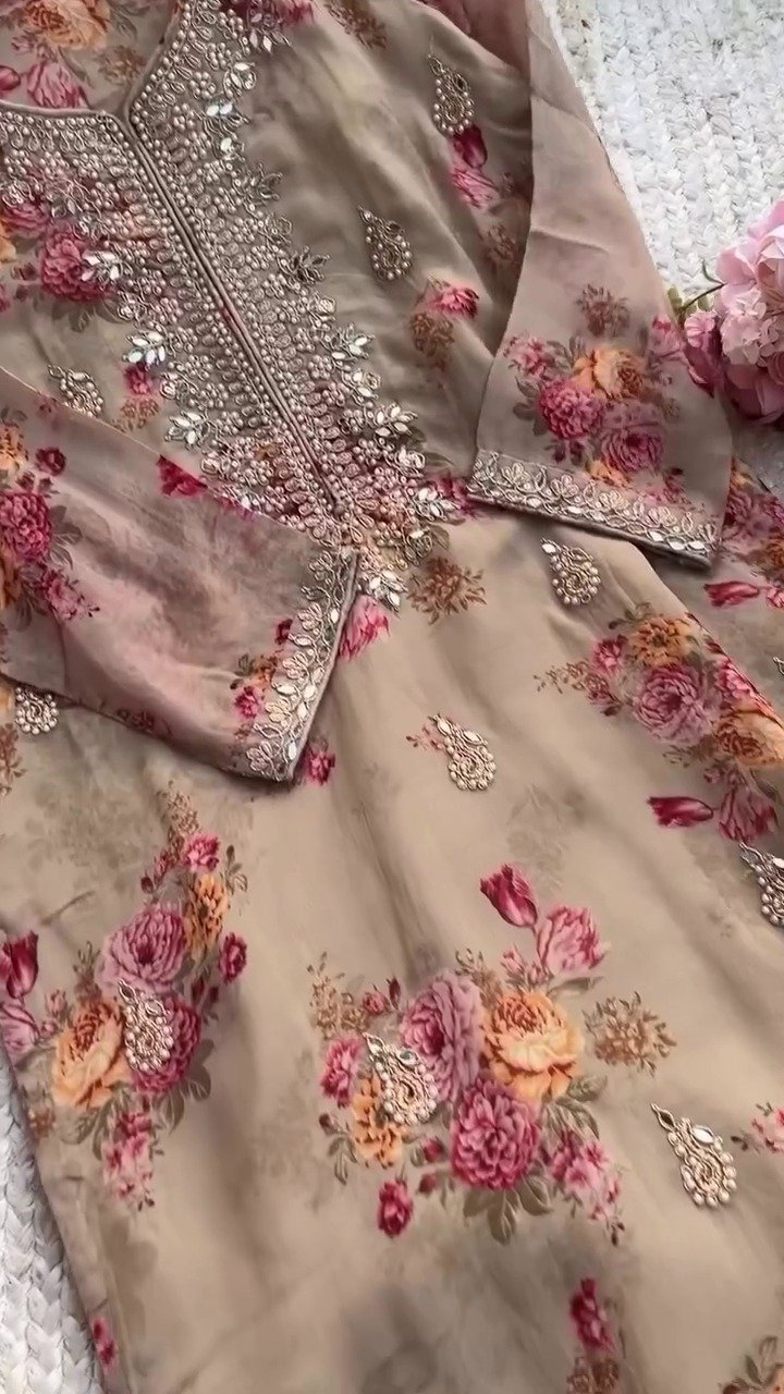 brown colour Premium Kundan Organza Embroidered Suit Set for women - Image 5